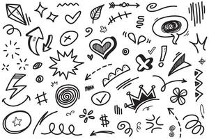 Doodle set of hand-drawn cartoony expression sign doodle, curve directional arrows, emoticon effects design elements, cartoon character emotion symbols, cute decorative brush stroke lines. vector