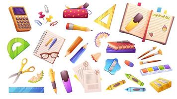 Big set of small stationery. Writing utensils, rulers, notepads, scissors. elements on white background vector