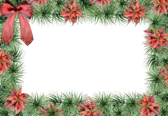Pine tree, fir tree, spruce, poinsettia, red ribbon bow. Watercolor hand drawn illustration, border frame isolated on white. Xmas, happy new year festive, noel navidad. Cards, gifts, florist shop.