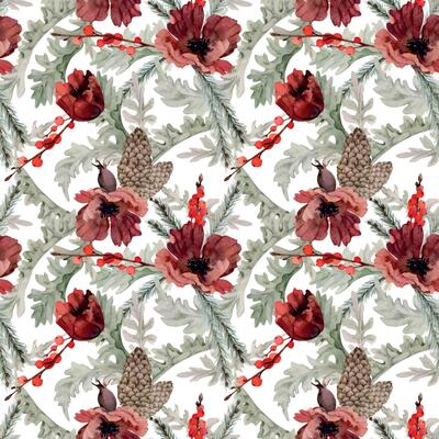 Poppy anemone flower, spruce fir tree branches cones, berries. Watercolor hand drawn illustration seamless pattern isolated on white. Xmas, happy new year festive, noel navidad holiday. Paper, textile