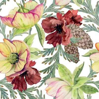 Poppy anemone flower, spruce fir tree cones, juniper branches. Watercolor hand drawn illustration seamless pattern isolated on white. Xmas, happy new year festive, noel navidad holiday. Paper, textile