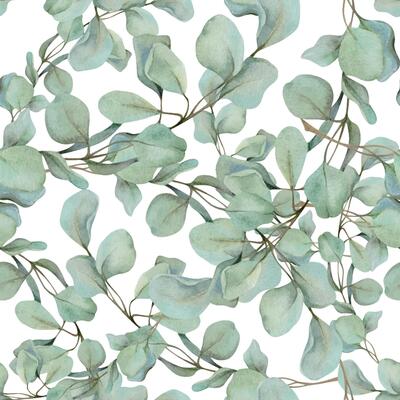 Eucalyptus laurel branches, leaves with red berries. Watercolor hand drawn illustration, seamless pattern isolated on white. Xmas, happy new year festive, noel navidad. Print paper, textile, fabric