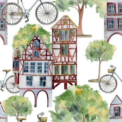 Old European city town village houses street view. Historical cityscape building, green hedge trees, parked bicycle. Watercolor hand drawn seamless pattern. Tourist shops, souvenirs, travel brochures
