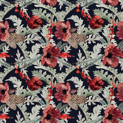 Poppy anemone flower, spruce fir tree branches cones, berries. Watercolor hand drawn illustration seamless pattern isolated on dark. Xmas, happy new year festive, noel navidad holiday. Paper, textile