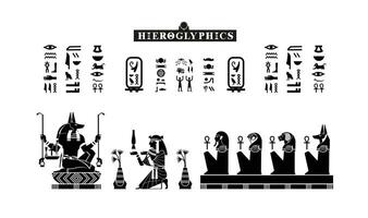 Egyptian papyrus with gods and goddesses offering to anubis in silhouette. Ancient Egyptian gods and goddesses in historical hieroglyphic paper art. illustration isolated on white. Ancient Egyp vector