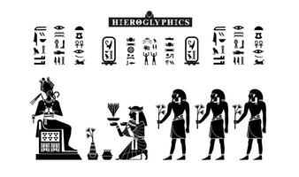 Egyptian papyrus with gods and goddesses offerings to osiris in silhouette. Ancient Egyptian gods and goddesses in historical hieroglyphic paper art. illustration isolated on white. Ancient Egy vector