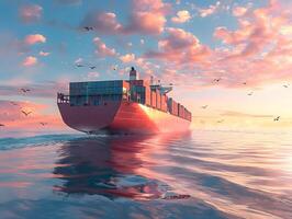 Top view of a large cargo ship with containers in the open ocean photo