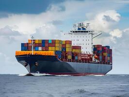 Top view of a large cargo ship with containers in the open ocean photo