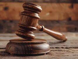 Wooden judge's gavel on the table as a trial concept photo