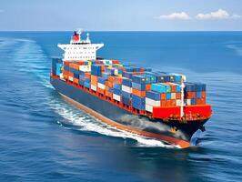 Top view of a large cargo ship with containers in the open ocean photo
