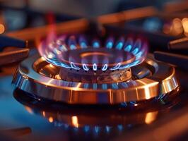 Gas burns on the burner of a gas stove with coins. Background for your design photo