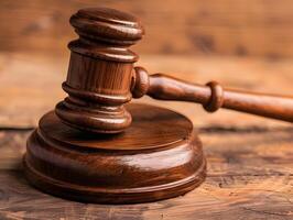 Wooden judge's gavel on the table as a trial concept photo