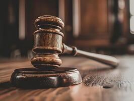 Wooden judge's gavel on the table as a trial concept photo