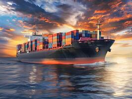 Top view of a large cargo ship with containers in the open ocean photo