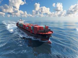 Top view of a large cargo ship with containers in the open ocean photo