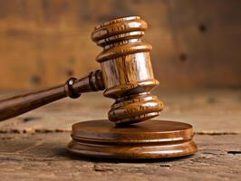 Wooden judge's gavel on the table as a trial concept photo