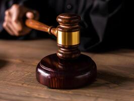 Wooden judge's gavel on the table as a trial concept photo