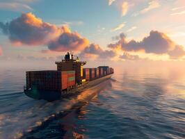 Top view of a large cargo ship with containers in the open ocean photo