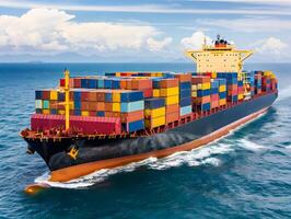 Top view of a large cargo ship with containers in the open ocean photo