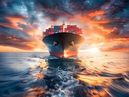 Top view of a large cargo ship with containers in the open ocean photo