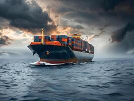 Top view of a large cargo ship with containers in the open ocean photo