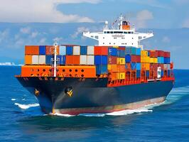 Top view of a large cargo ship with containers in the open ocean photo