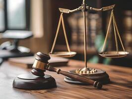 Wooden judge's gavel on the table as a trial concept photo