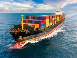 Top view of a large cargo ship with containers in the open ocean photo