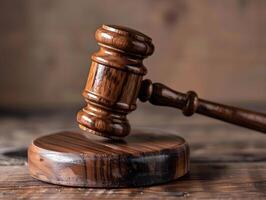 Wooden judge's gavel on the table as a trial concept photo