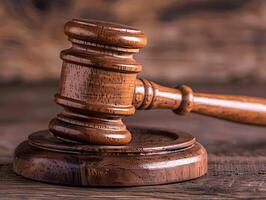 Wooden judge's gavel on the table as a trial concept photo