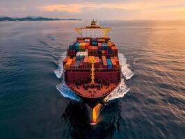Top view of a large cargo ship with containers in the open ocean photo