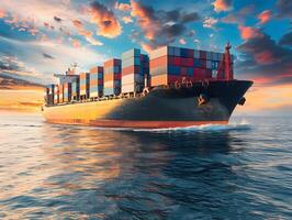 Top view of a large cargo ship with containers in the open ocean photo