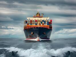 Top view of a large cargo ship with containers in the open ocean photo