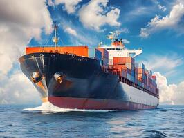 Top view of a large cargo ship with containers in the open ocean photo