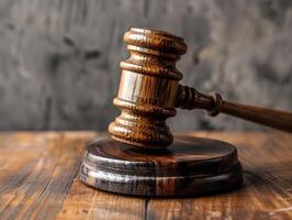 Wooden judge's gavel on the table as a trial concept photo