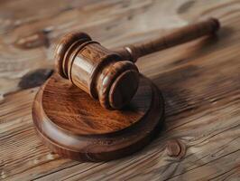 Wooden judge's gavel on the table as a trial concept photo