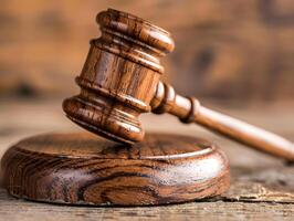 Wooden judge's gavel on the table as a trial concept photo
