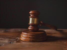 Wooden judge's gavel on the table as a trial concept photo