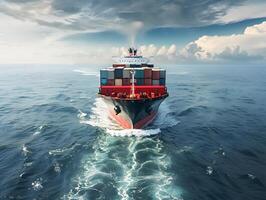 Top view of a large cargo ship with containers in the open ocean photo