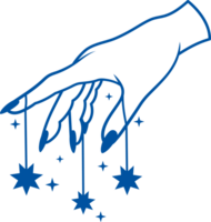 Hand of witch practicing witchcraft with stars symbolizing miracles and magic. Hand drawn. png