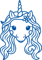 Unicorn from cartoon about princess with curly mane and sharp horn looks at screen. Hand drawn. png