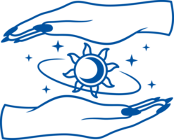 Hands of fortune teller around amulet in shape of sun, for practicing esotericism. Hand drawn. png