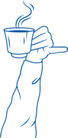 Mug of tart coffee in hand of man with little finger sticking out while drinking hot drink. png