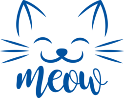 Satisfied kitten closing eyes and word meow, for design of pet store selling cats. Hand drawn. png