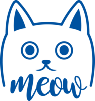 Muzzle of domestic cat with word meow, for design of products for kitten owners. Hand drawn. png