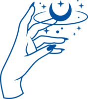 Witch hand in starry sky with inverted moon symbolizes occult and astrological rituals. Hand drawn. png