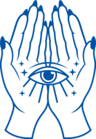 Hands of witch with large eye on palms, metaphor for ability to look into future or past. Hand drawn png