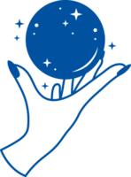 Magic ball showing past and future over hand of witch who has esoteric skills. Hand drawn. png