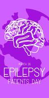 International Epilepsy Day banner for March 26. The brain is a contoured silhouette in white colors on a ground background with a ribbon on shades of purple. Brain problems, illness. Vertical vector