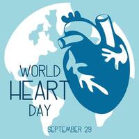 illustration on the theme of World Heart Day, which is celebrated every year on September 29 all over the world. A flat illustration like a banner with text. Square. Blue and shades vector